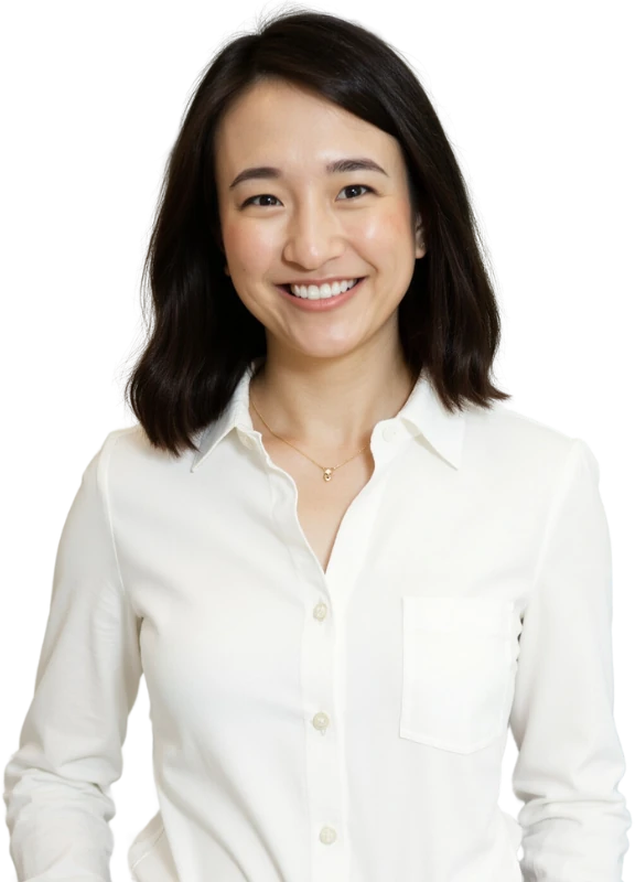Joyce Akiko smiling, in a white button-up shirt