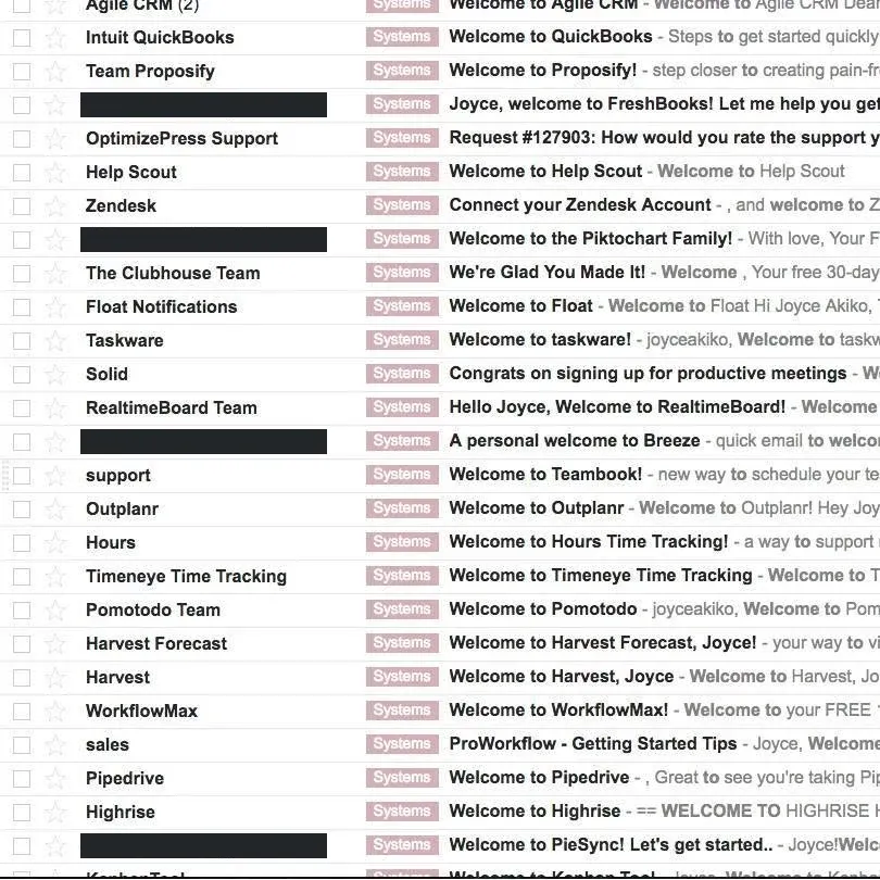 A list of welcome emails in my inbox, all labeled Systems, from tools including QuickBooks, Proposify, FreshBooks, Help Scout, Zendesk, Float, Harvest, Pipedrive, Highrise and Breeze.
